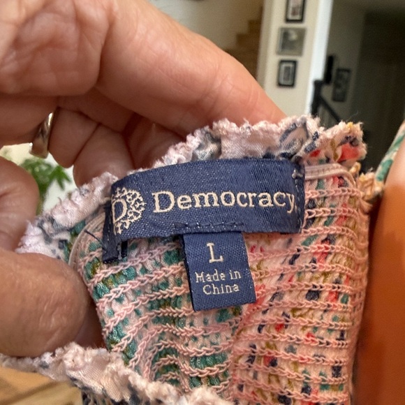 Democracy Patchwork Square-Neck Peasant Top in Pink, Green, Yellow, White - Picture 6 of 6